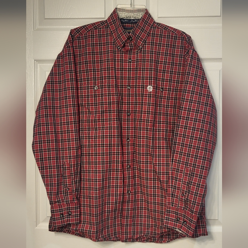 Wrangler George Strait Red And Black Plaid Long Sleeve Shirt W/Paisley Cuffs Med